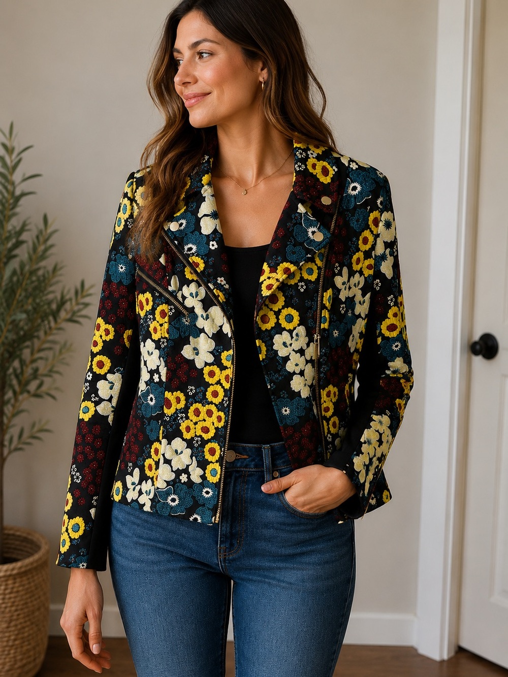 RACHEL Rachel Roy Black Floral Blazer with Yellow & Teal Blooms